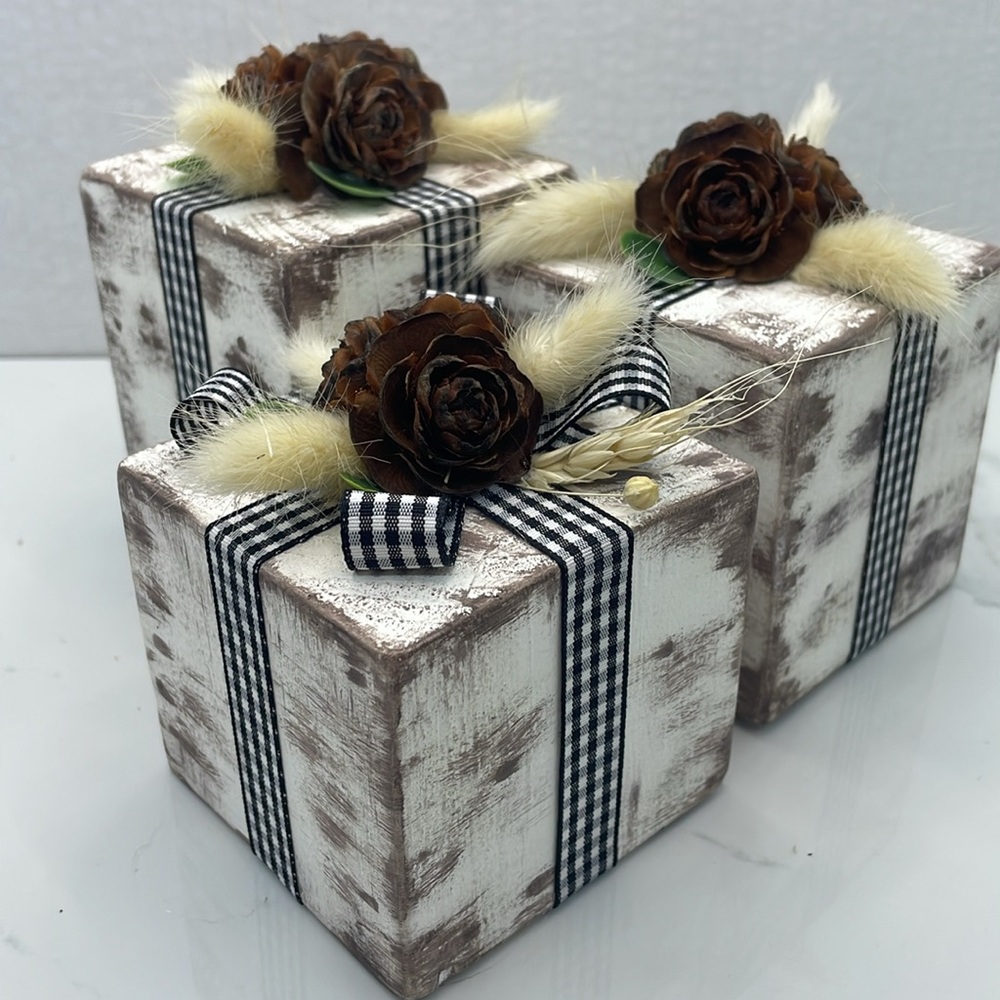 Wooden Christmas presents with neutral rustic decoration